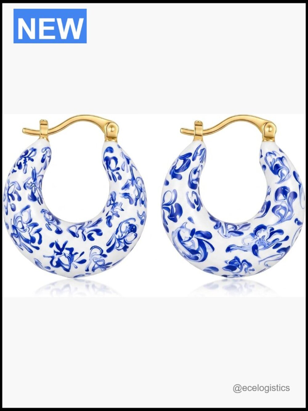Chunky Blue White Porcelain Drop Dangle Earrings Lever Back